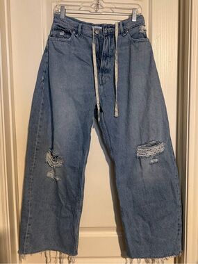 Good American Relaxed Drawstring Distressed Blue Jeans
